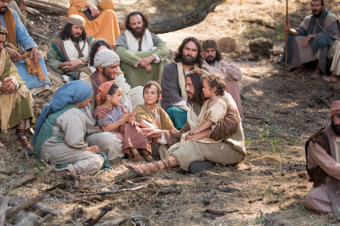Luke 18:15–17, Jesus sits with little children