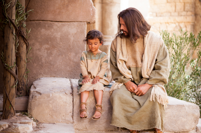 Matthew 18:1–11, Christ sits with a young child