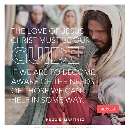 An image of Christ comforting Mary and Martha, coupled with a quote by Elder Hugo E. Martinez: “The love of Jesus Christ must be our guide.”