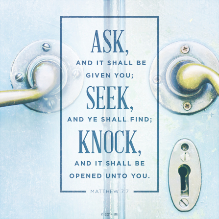 A photograph of two doorknobs combined with the words from Matthew 7:7.