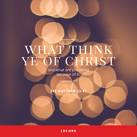 A photograph of blurred-out Christmas lights combined with the words “What think ye of Christ?”