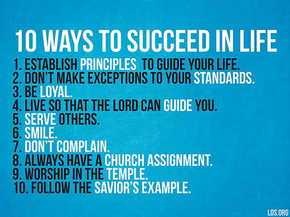 A plain blue graphic with a list of 10 ways to succeed in life by Elder Richard G. Scott.