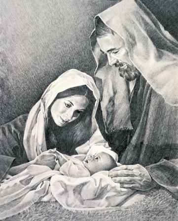 A black and white sketch of Mary and Joseph standing over the baby Jesus on Christmas night.