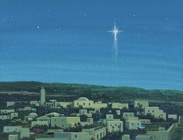 A painting of a new star over Bethlehem at night.