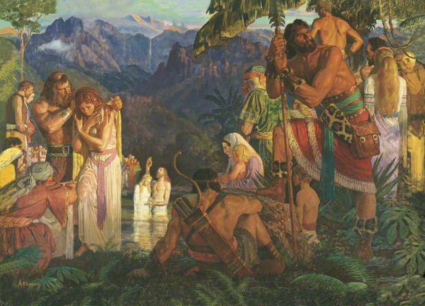 A painting by Arnold Friberg showing Alma baptizing a Nephite woman, with other men and women watching by the side of the water.
