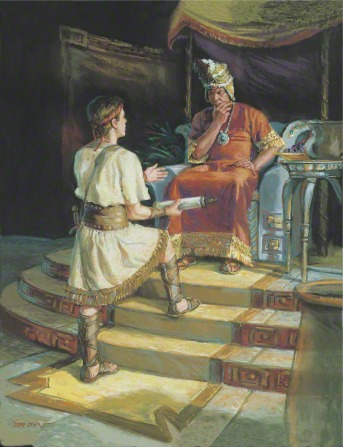 A painting by Scott M. Snow depicting Ammon standing on a yellow rug, holding a roll of parchment while talking to King Laban, who is sitting on his throne.