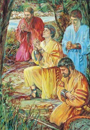 A painting by Harold T. (Dale) Kilbourn of the four sons of Mosiah kneeling in robes and praying by the river.