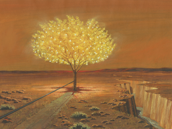 A painting by Jerry Thompson depicting an iron rod leading to an illuminating tree of life filled with fruit, with a river running through a deep ravine nearby.