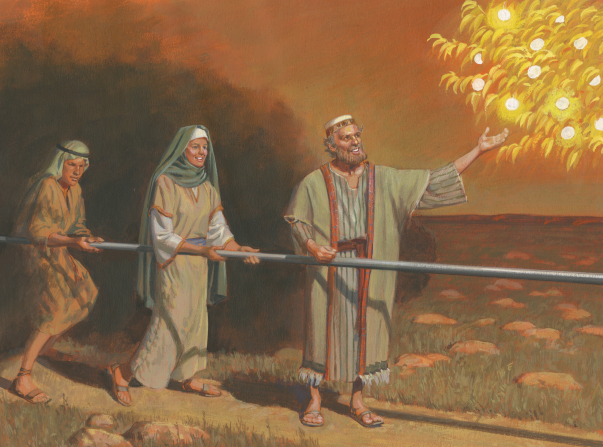 A painting by Jerry Thompson showing Lehi smiling and standing by the iron rod while reaching for a piece of fruit from the tree of life, with others close behind him.