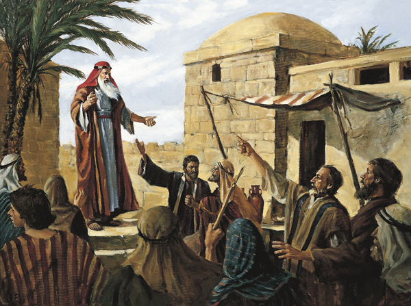 A painting by Del Parson showing a group of people mocking and pointing their fingers at Lehi, who is prophesying while standing near a palm tree.