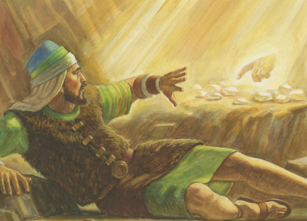 A painting by Robert T. Barrett depicting the brother of Jared lying on his side and shielding himself from the light illuminating from the stones and the Lord’s finger.