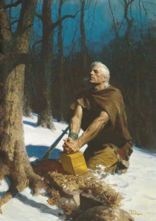 A painting by Tom Lovell depicting Moroni kneeling on a snow-covered hill and resting his clasped hands on the gold plates near a hole by a tree trunk.