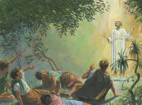 A painting by Jerry Thompson depicting Alma the younger and the sons of Mosiah on the ground, shielding their eyes from an angel.