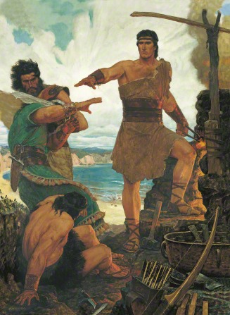 A painting by Arnold Friberg depicting Nephi standing near a stone fireplace with one arm outstretched, rebuking his brothers.