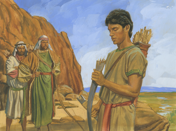 A painting by Jerry Thompson of Nephi standing and looking down at his broken bow, with his brothers watching from a distance.