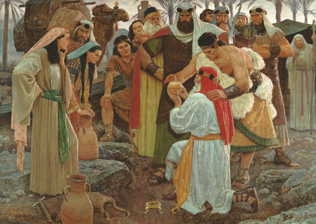 A painting by Arnold Friberg depicting Lehi kneeling on the ground and holding the Liahona, with Nephi and their family gathered around.