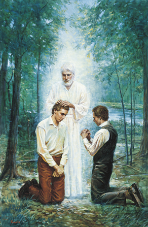 A painting by Del Parson of John the Baptist as an angel standing and conferring the Aaronic Priesthood on Joseph Smith, who is kneeling next to Oliver Cowdery.