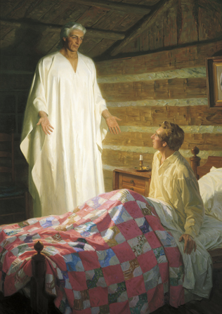 A painting by Tom Lovell depicting Joseph Smith sitting up in his bed under a patchwork quilt and seeing the angel Moroni in a white robe with his arms reaching out.