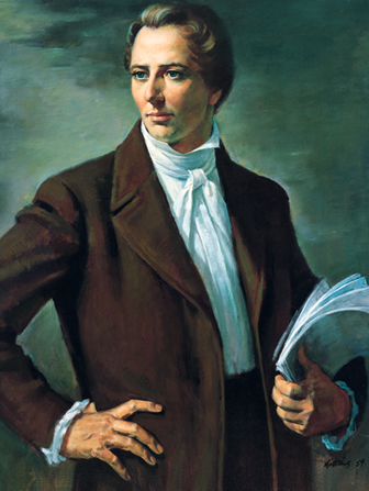 A portrait by Alvin Gittins of Joseph Smith in a white shirt and brown suit, holding sheets of paper, with his hand on his side.