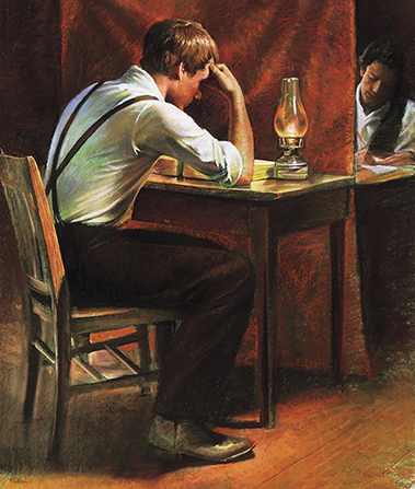 A painting by Del Parson depicting Joseph Smith sitting at a desk with his head resting on his elbow while he translates the gold plates to Oliver Cowdery on the other side of a curtain.
