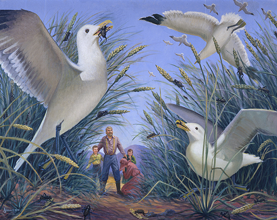 A painting by Goff Dowding of large seagulls flying into a wheat field and eating the crickets, with a family praying and watching nearby.