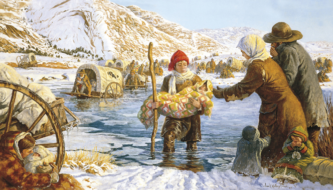 A painting by Clark Kelley Price illustrating a young man walking through the icy Sweetwater River carrying a child wrapped in a blanket.