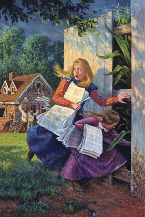 A painting by Clark Kelley Price of the sisters Mary and Caroline Rollins carrying the Book of Commandments while escaping from the mob through a gap in a fence to a cornfield.