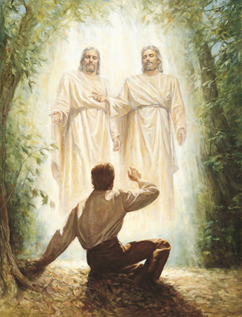 A painting by Del Parson of Joseph Smith kneeling in a grove of trees while looking up to see God the Father and Jesus Christ standing in the air in white robes with outstretched arms.