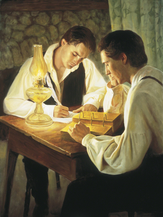 A painting by Del Parson depicting Joseph Smith sitting at a desk translating the gold plates while Oliver Cowdery writes the translation with a quill pen.