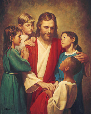 A painting by Del Parson showing Christ sitting in white and red robes, surrounded by four children from different backgrounds and nationalities.