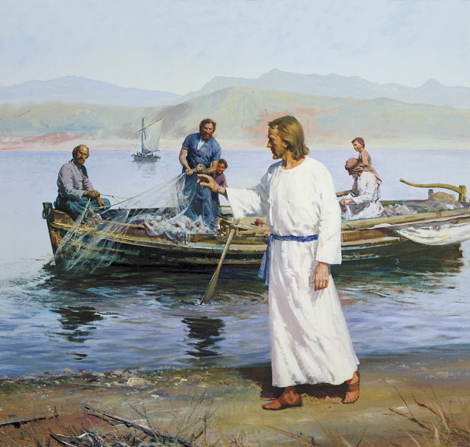 Jesus Christ in a white robe, walking along the banks of the sea and calling out to a group of fishermen, who are pulling their nets into their boat.