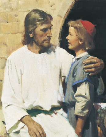 A detail of a painting by Harry Anderson showing Christ with His arm around a young boy with whom He is talking.