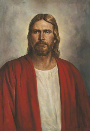 A portrait of Christ in a red robe against a gray background, looking out toward the viewer.