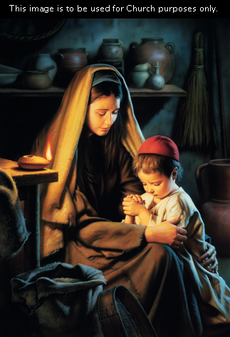 A painting by Simon Dewey showing Mary with her head covered bowing and holding onto the arm of a young Jesus who is praying with hands clasped.