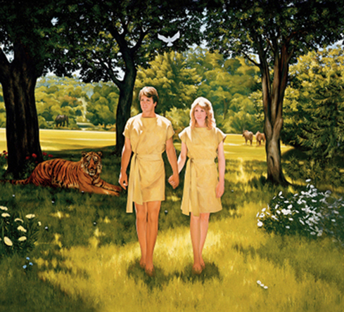 A painting by Lowell Bruce Bennett showing Adam and Eve in yellow clothing walking among trees, with a tiger lying in the grass behind them.