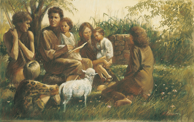 GemÃ¤lde von Del Parson: Adam und Eva sitzen auf dem Boden, umgeben von fÃ¼nf ihrer Kinder, denen sie etwas anhand von Aufzeichnungen erlÃ¤utern