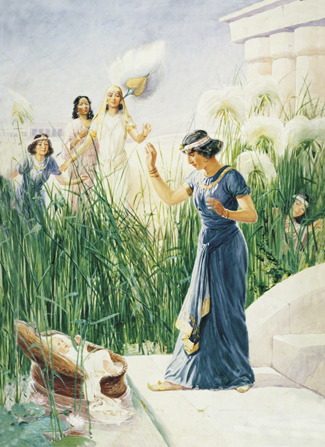 A painting by George Soper showing the daughter of Pharaoh and several other women encountering the baby Moses among the bulrushes.