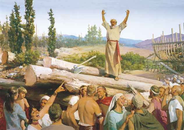 A painting by Harry Anderson showing Noah standing on a stack of lumber with his arms raised, warning the people who stand around him laughing.