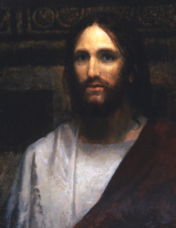 A portrait of Christ in white and red robes, standing in front of a stone background.