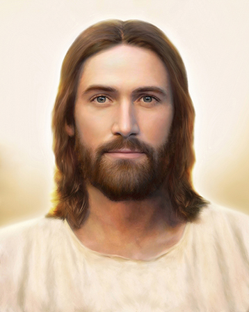 A portrait of Christ in a simple white robe in front of a plain neutral background, looking out at the viewer.