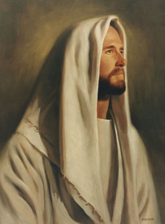 A portrait of Christ in white robes with a white head covering, looking over to the right side.