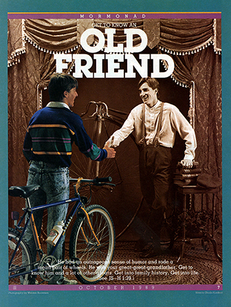 A conceptual photograph of a young man shaking hands with a man in a historical photo, paired with the words “Get to Know an Old Friend.”