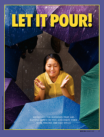 A conceptual photograph of a young woman welcoming falling rain while those around her put up umbrellas, paired with the words “Let It Pour!”
