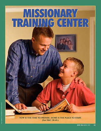 A poster showing a father talking to his young son, who is reading Preach My Gospel, paired with the words “Missionary Training Center.”