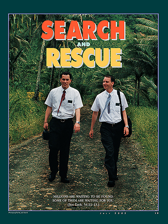 A poster showing two male missionaries walking down a road, paired with the words “Search and Rescue.”