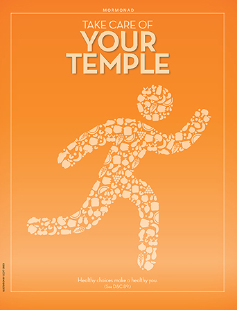 A graphic showing the silhouette of a person filled with illustrations of healthy food, paired with the words “Take Care of Your Temple.”