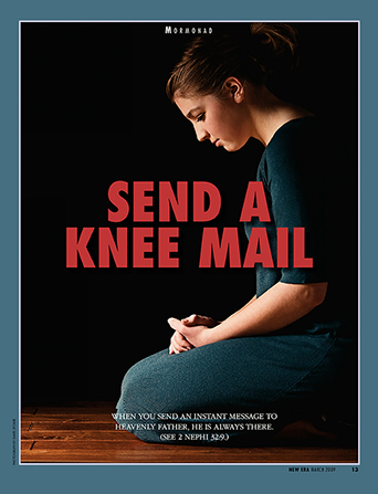 A poster showing a young woman kneeling to pray with the words “Send a Knee Mail” in the center.