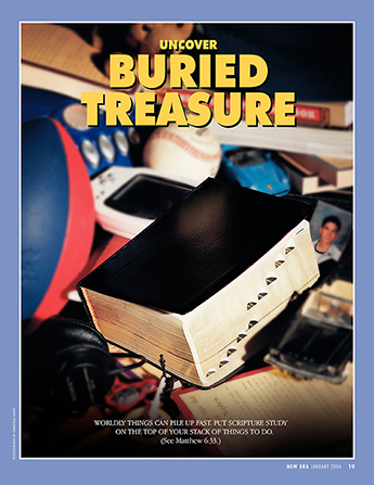 A set of scriptures lying on top of a pile of other activities, paired with the words “Uncover Buried Treasure.”