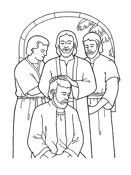 A black-and-white illustration of Christ ordaining his Apostles as He organized the Church when He was on the earth.