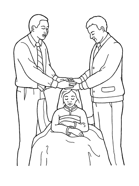 A black-and-white illustration of two men giving a priesthood blessing to a young girl who is sick and sitting in her bed.